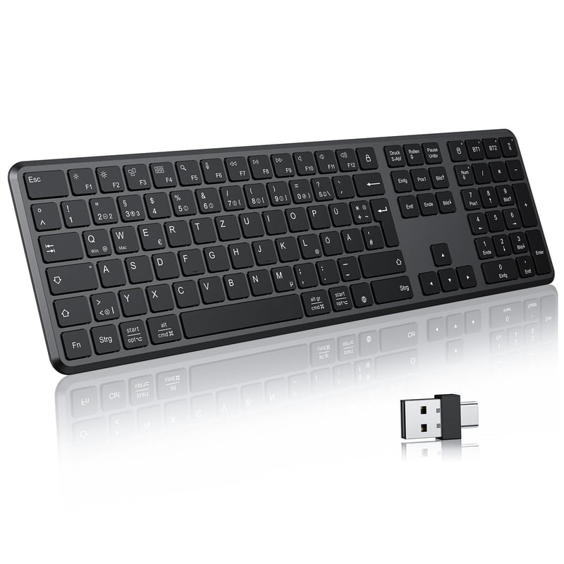 TECURS Bluetooth bezdrôtová klávesnica, duálne pripojenie USB a Type-C, pripojenie 3 zariadení, nabíjateľná čierna QWERTZ