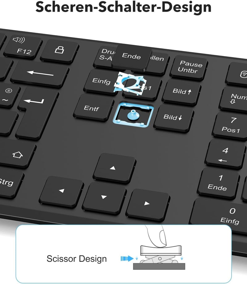 TECURS Bluetooth Vezeték Nélküli Billentyűzet, Dupla Csatlakozás USB és Type-C, 3 Eszköz Kapcsolat, Újratölthető Fekete QWERTZ - German layout