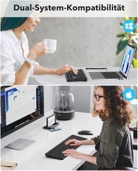 TECURS Bluetooth Vezeték Nélküli Billentyűzet, Dupla Csatlakozás USB és Type-C, 3 Eszköz Kapcsolat, Újratölthető Fekete QWERTZ - German layout 3