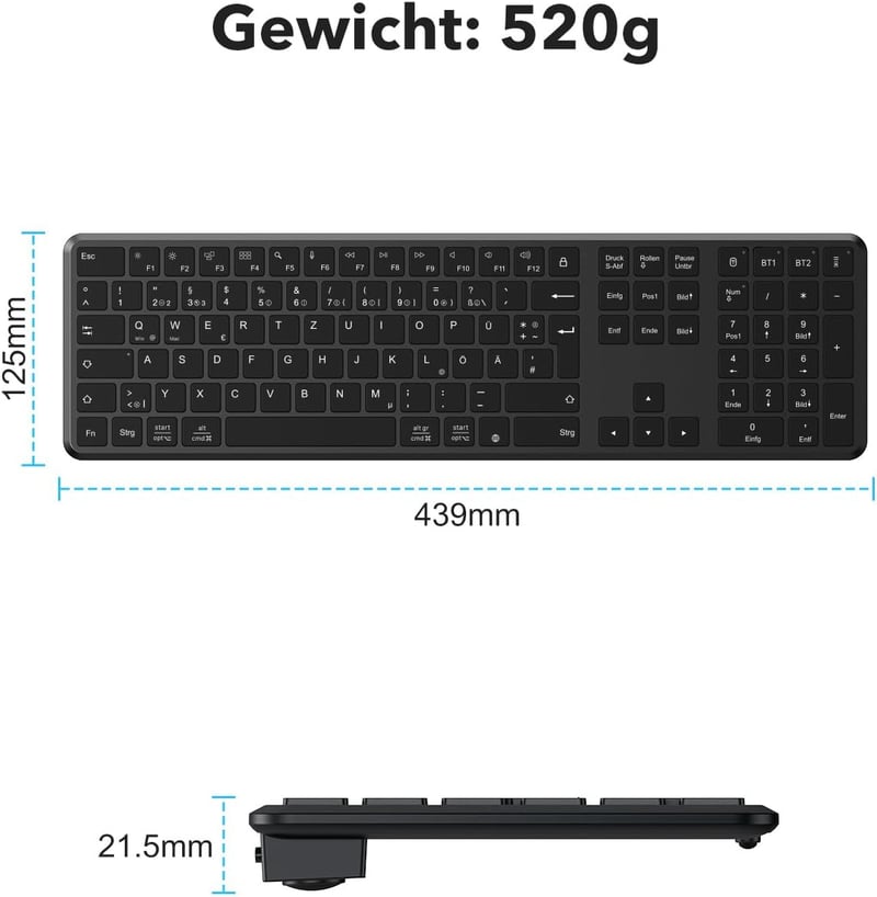 TECURS Bluetooth Vezeték Nélküli Billentyűzet, Dupla Csatlakozás USB és Type-C, 3 Eszköz Kapcsolat, Újratölthető Fekete QWERTZ - German layout