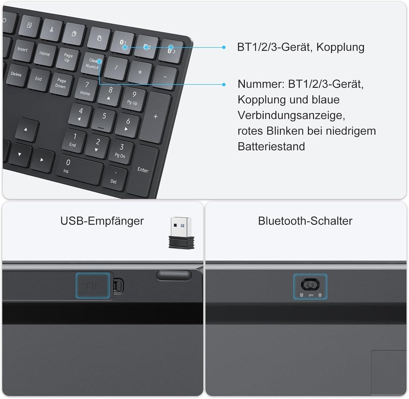 TECURS Bluetooth Wireless Billentyűzet QWERTZ Német Kiosztás 3 Csatorna PC Laptop Mac - German layout - QWERTZ