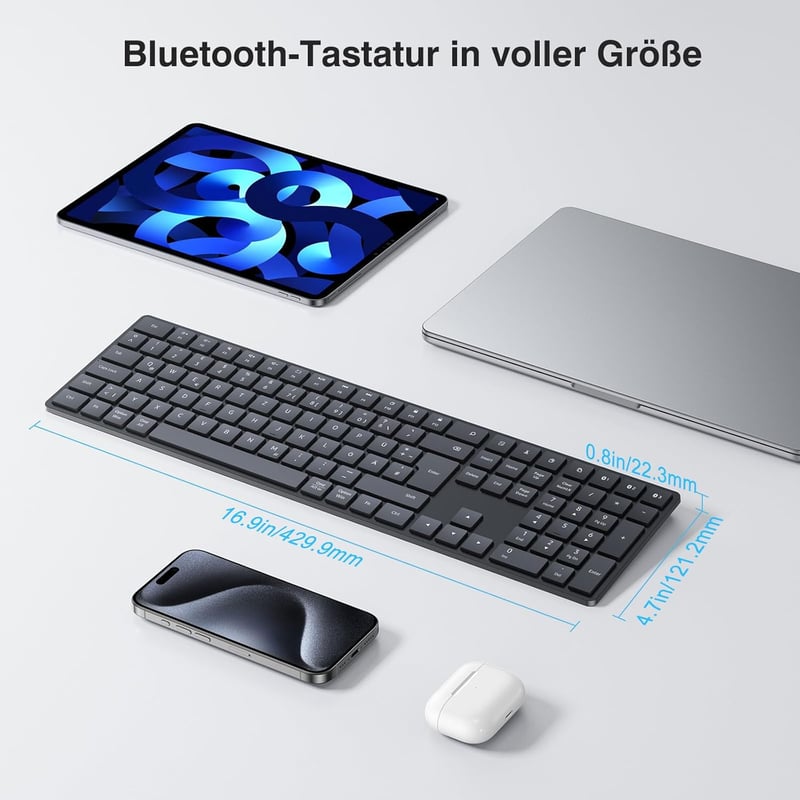 TECURS Bluetooth Wireless Billentyűzet QWERTZ Német Kiosztás 3 Csatorna PC Laptop Mac - German layout - QWERTZ