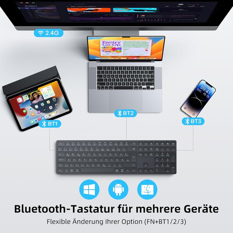 TECURS Bluetooth Wireless Billentyűzet QWERTZ Német Kiosztás 3 Csatorna PC Laptop Mac - German layout - QWERTZ