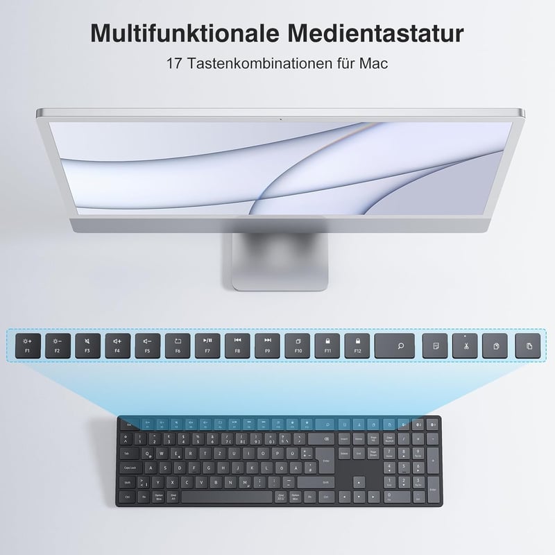 TECURS Bluetooth Wireless Billentyűzet QWERTZ Német Kiosztás 3 Csatorna PC Laptop Mac - German layout - QWERTZ