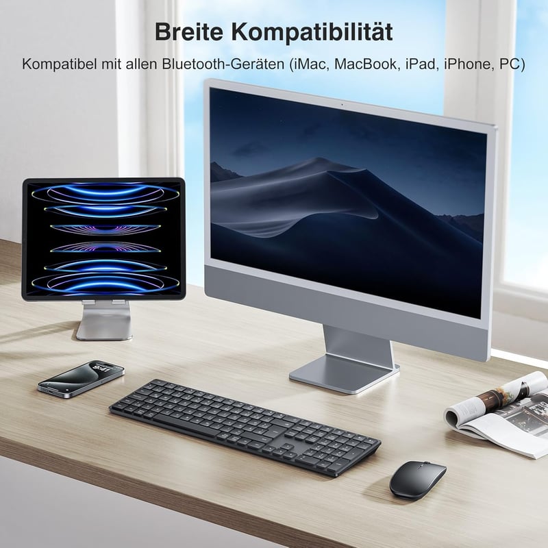 TECURS Bluetooth Wireless Billentyűzet QWERTZ Német Kiosztás 3 Csatorna PC Laptop Mac - German layout - QWERTZ