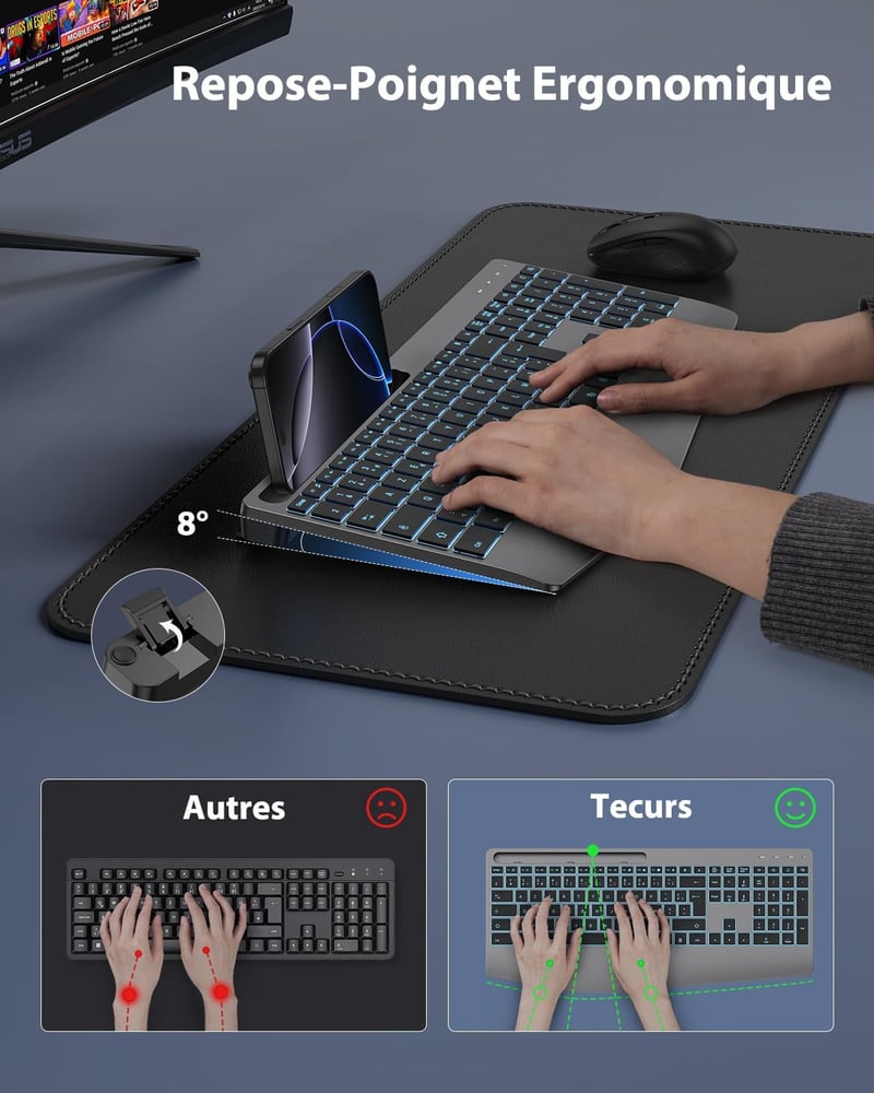 TECURS Ergonomikus Vezeték Nélküli Billentyűzet Csuklótámasszal, Háttérvilágítás, Csendesen Működő Akkumulátoros