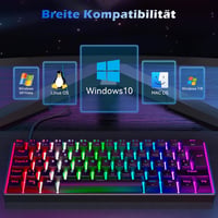 TECURS MK203 Mechanikus Gamer Billentyűzet, 60% Kompakt QWERTZ, Piros Kapcsolókkal, 61 Gombos, USB-C, PC/PS4/PS5 Kompatibilis, Fekete 6