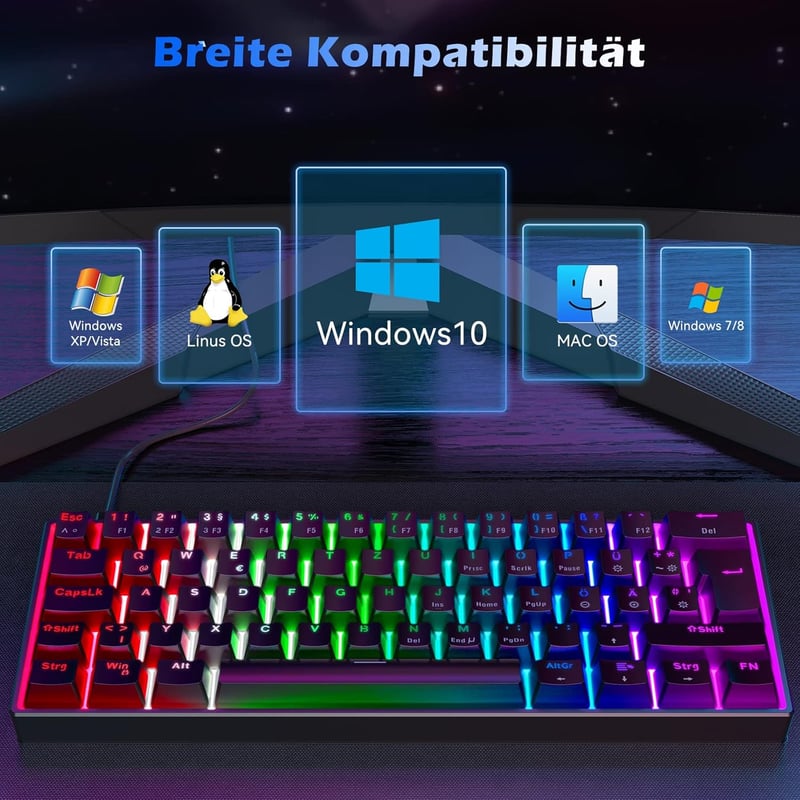 TECURS MK203 Mechanikus Gamer Billentyűzet, 60% Kompakt QWERTZ, Piros Kapcsolókkal, 61 Gombos, USB-C, PC/PS4/PS5 Kompatibilis, Fekete