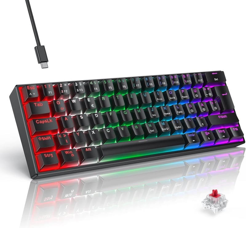 TECURS MK203 Mechanikus Gamer Billentyűzet, 60% Kompakt QWERTZ, Piros Kapcsolókkal, 61 Gombos, USB-C, PC/PS4/PS5 Kompatibilis, Fekete