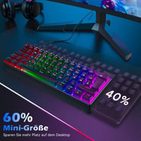 TECURS MK203 Mechanikus Gamer Billentyűzet, 60% Kompakt QWERTZ, Piros Kapcsolókkal, 61 Gombos, USB-C, PC/PS4/PS5 Kompatibilis, Fekete 2