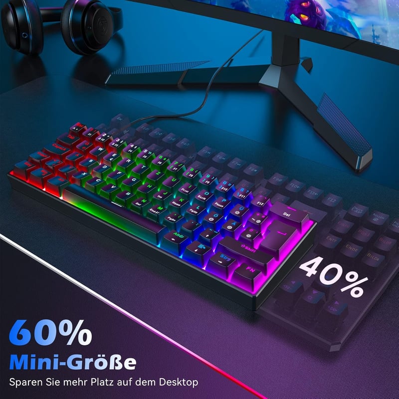 TECURS MK203 Mechanikus Gamer Billentyűzet, 60% Kompakt QWERTZ, Piros Kapcsolókkal, 61 Gombos, USB-C, PC/PS4/PS5 Kompatibilis, Fekete