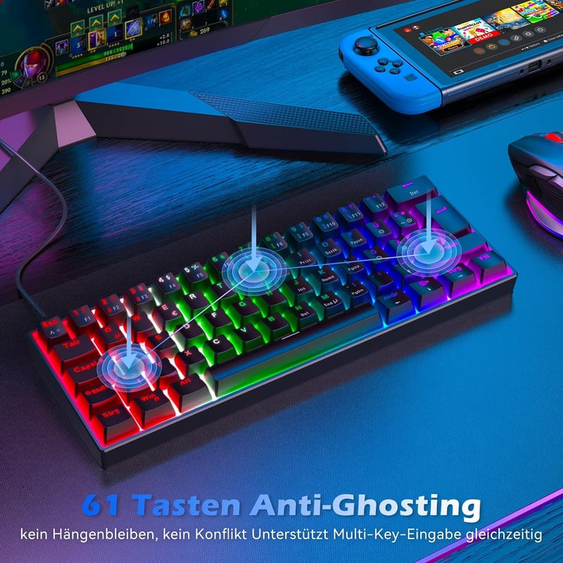 TECURS MK203 Mechanikus Gamer Billentyűzet, 60% Kompakt QWERTZ, Piros Kapcsolókkal, 61 Gombos, USB-C, PC/PS4/PS5 Kompatibilis, Fekete