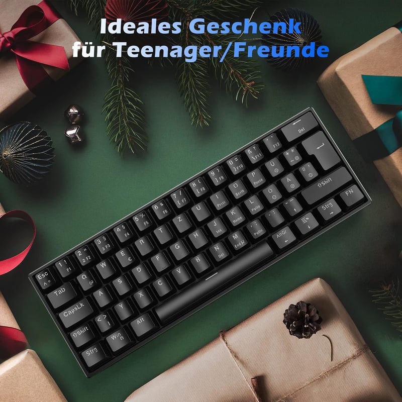 TECURS MK203 Mechanikus Gamer Billentyűzet, 60% Kompakt QWERTZ, Piros Kapcsolókkal, 61 Gombos, USB-C, PC/PS4/PS5 Kompatibilis, Fekete