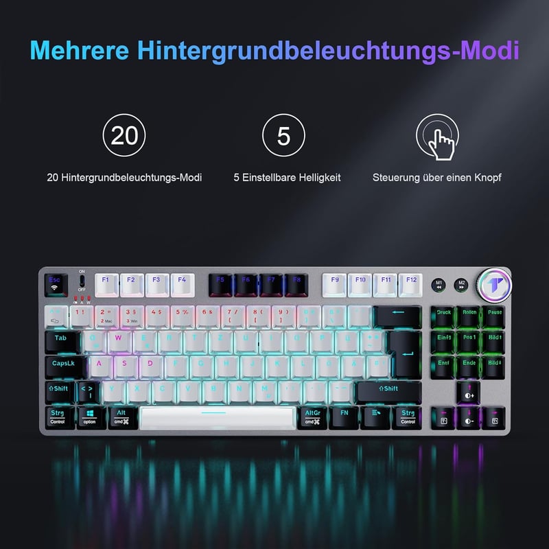TECURS MK208 Vezeték Nélküli Mechanikus Gamer Billentyűzet, 80% TKL, Piros Kapcsolók, QWERTZ, Háttérvilágítás, PC/Laptop/PS4/PS5 Kompatibili
