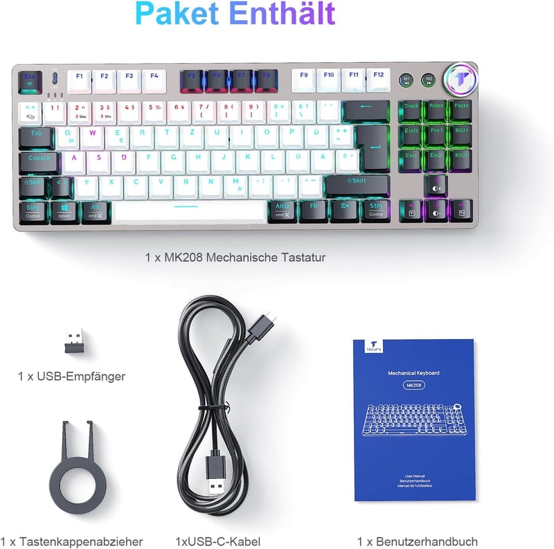 TECURS MK208 Vezeték Nélküli Mechanikus Gamer Billentyűzet, 80% TKL, Piros Kapcsolók, QWERTZ, Háttérvilágítás, PC/Laptop/PS4/PS5 Kompatibili