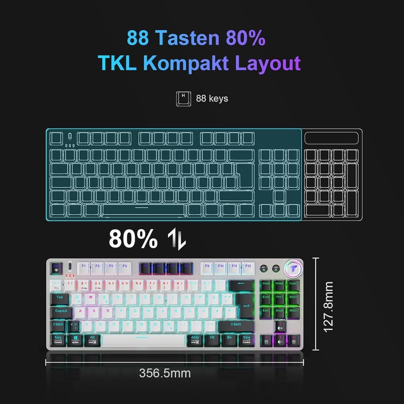 TECURS MK208 Vezeték Nélküli Mechanikus Gamer Billentyűzet, 80% TKL, Piros Kapcsolók, QWERTZ, Háttérvilágítás, PC/Laptop/PS4/PS5 Kompatibili