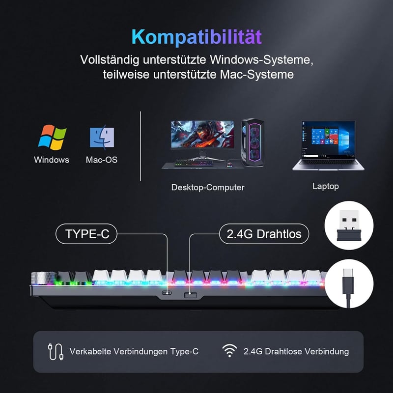 TECURS MK208 Vezeték Nélküli Mechanikus Gamer Billentyűzet, 80% TKL, Piros Kapcsolók, QWERTZ, Háttérvilágítás, PC/Laptop/PS4/PS5 Kompatibili