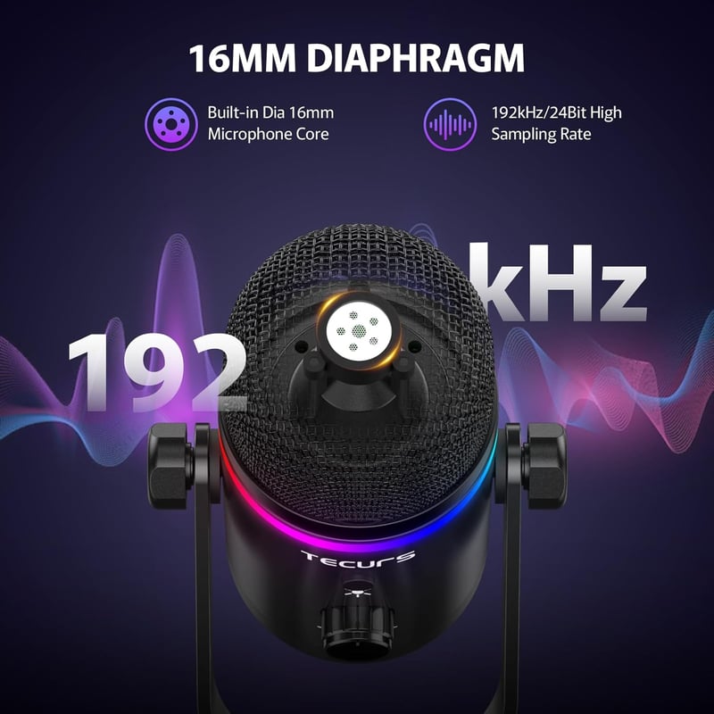 TECURS USB Gaming Mikrofon RGB LED Zajszűréssel Streaming Podcasthoz