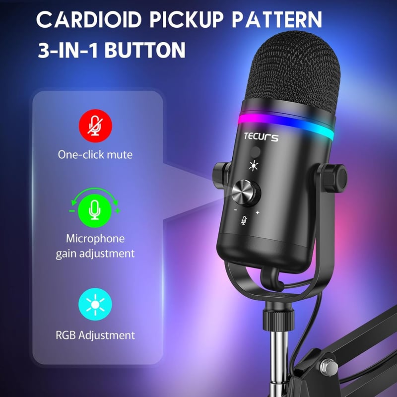 TECURS USB Gaming Mikrofon RGB LED Zajszűréssel Streaming Podcasthoz