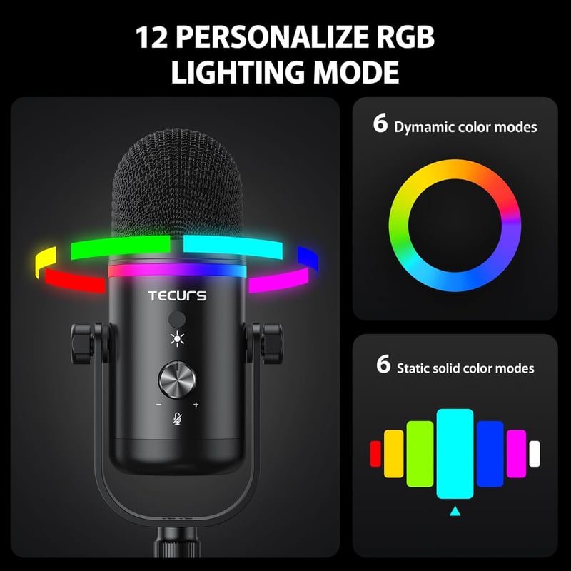 TECURS USB Gaming Mikrofon RGB LED Zajszűréssel Streaming Podcasthoz