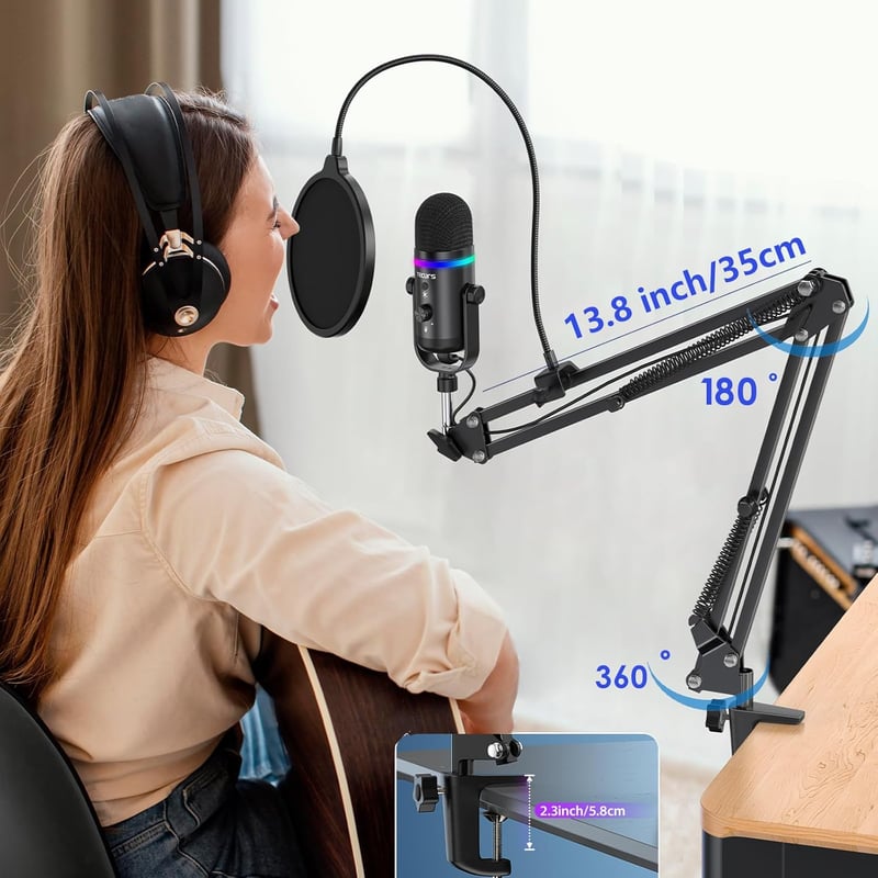 TECURS USB Gaming Mikrofon RGB LED Zajszűréssel Streaming Podcasthoz