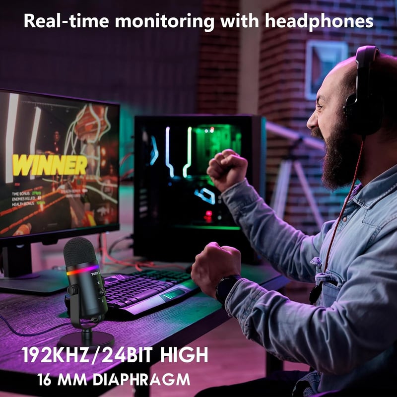 TECURS USB Gaming Mikrofon RGB LED Zajszűréssel Streaming Podcasthoz
