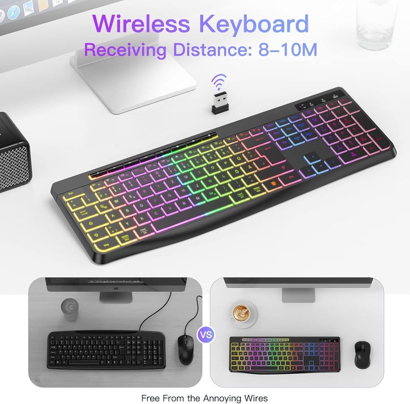 TECURS Vezeték Nélküli Gamer Billentyűzet - Csendes RGB Háttérvilágítású QWERTZ Vízálló Ergonomikus Billentyűzet Windows/Mac/PS4/Xbox Kompat - DE Layout