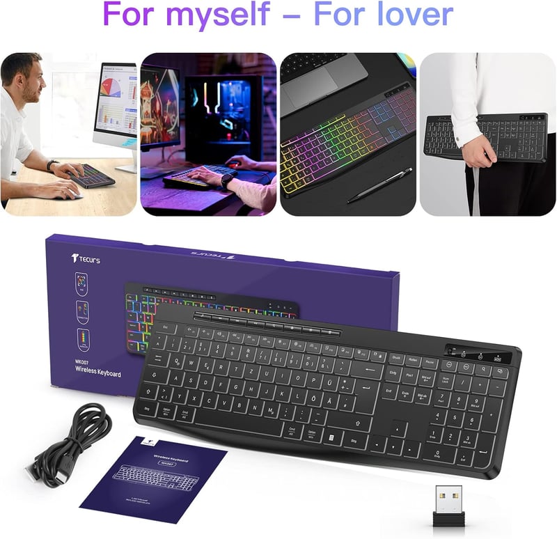 TECURS Vezeték Nélküli Gamer Billentyűzet - Csendes RGB Háttérvilágítású QWERTZ Vízálló Ergonomikus Billentyűzet Windows/Mac/PS4/Xbox Kompat - DE Layout