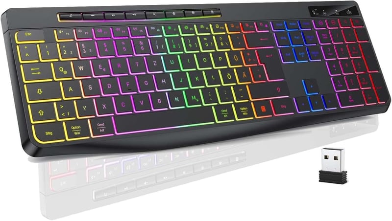 TECURS Vezeték Nélküli Gamer Billentyűzet - Csendes RGB Háttérvilágítású QWERTZ Vízálló Ergonomikus Billentyűzet Windows/Mac/PS4/Xbox Kompat - DE Layout