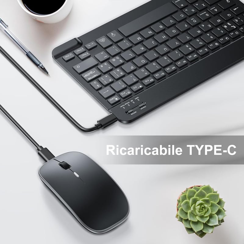 TECURS Wireless Bluetooth billentyűzet és egér szett, hordozható, csendes, újratölthető, háttérvilágítás, iPad/PC/Android/Windows, QWERTY, f