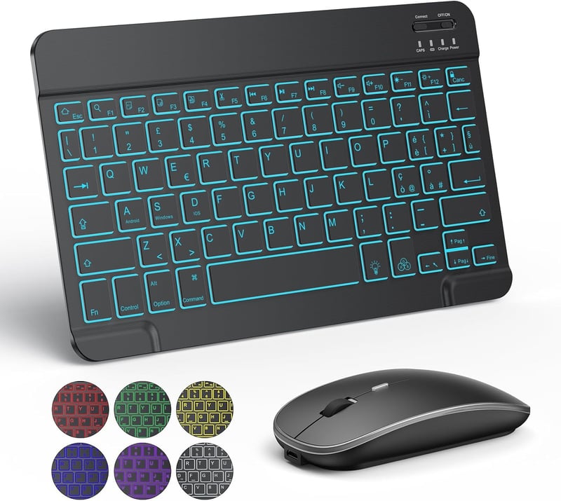 TECURS Wireless Bluetooth billentyűzet és egér szett, hordozható, csendes, újratölthető, háttérvilágítás, iPad/PC/Android/Windows, QWERTY, f