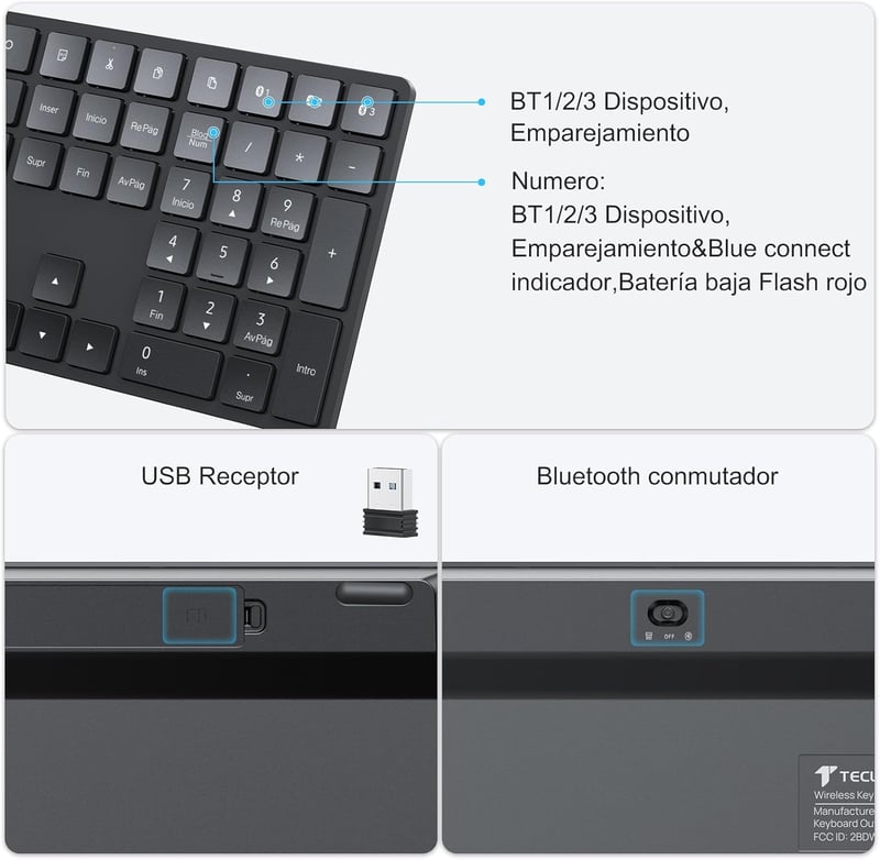 TECURS Wireless Bluetooth Billentyűzet USB 2.4G Mac Windows QWERTY Ergonomikus