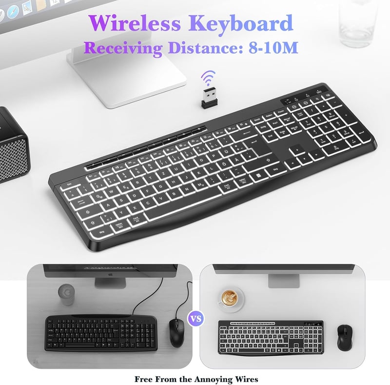 TECURS Wireless Gaming Billentyűzet QWERTZ Fehér LED Ergonomikus Vízálló 2.4GHz - DE Layout Weißlicht