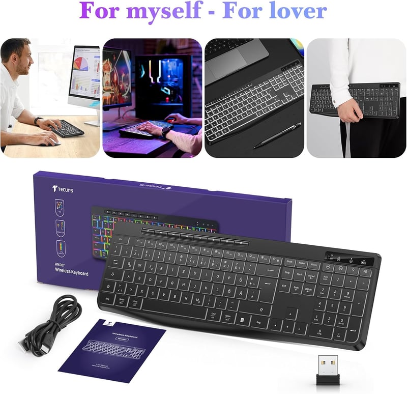 TECURS Wireless Gaming Billentyűzet QWERTZ Fehér LED Ergonomikus Vízálló 2.4GHz - DE Layout Weißlicht