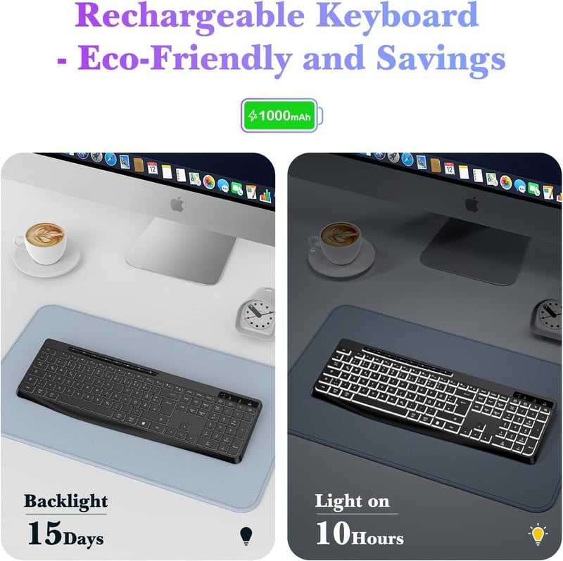 TECURS Wireless Gaming Billentyűzet QWERTZ Fehér LED Ergonomikus Vízálló 2.4GHz - DE Layout Weißlicht