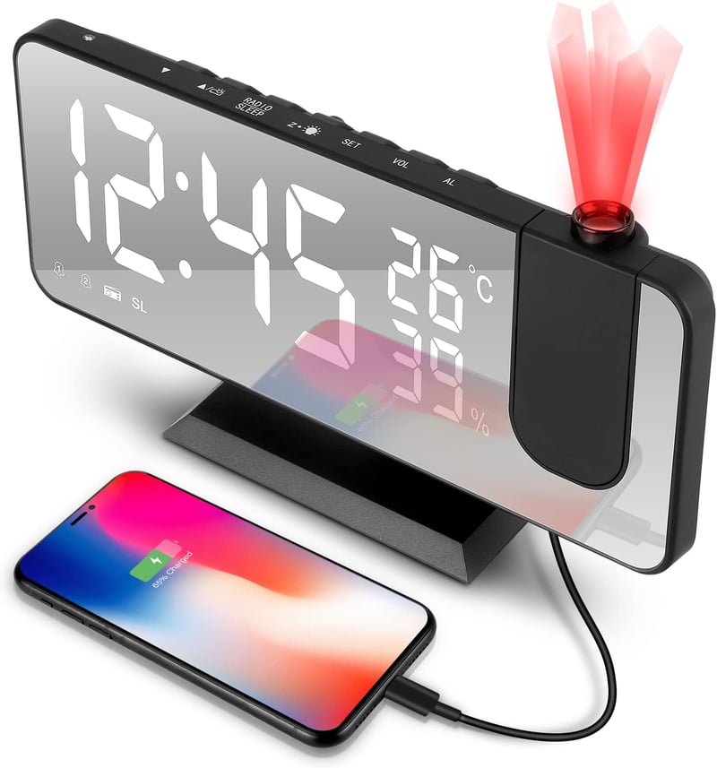tEEZErshop 180° Kivetítős Ébresztőóra USB Porttal, LED Kijelzővel és Rádióval