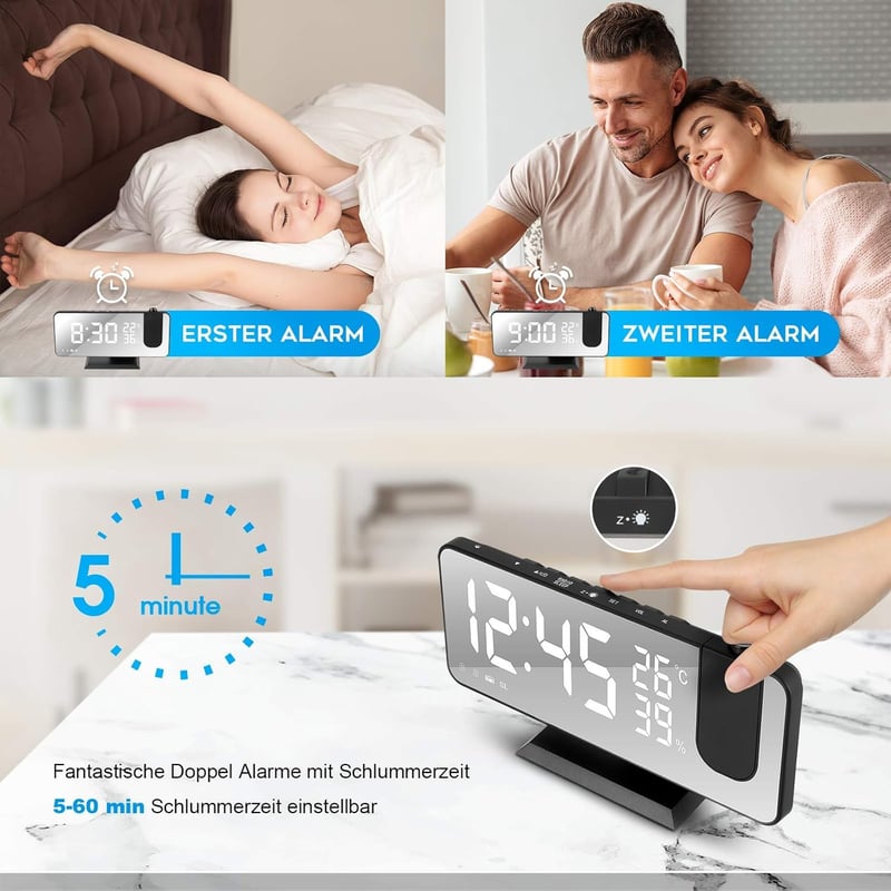 tEEZErshop 180° Kivetítős Ébresztőóra USB Porttal, LED Kijelzővel és Rádióval