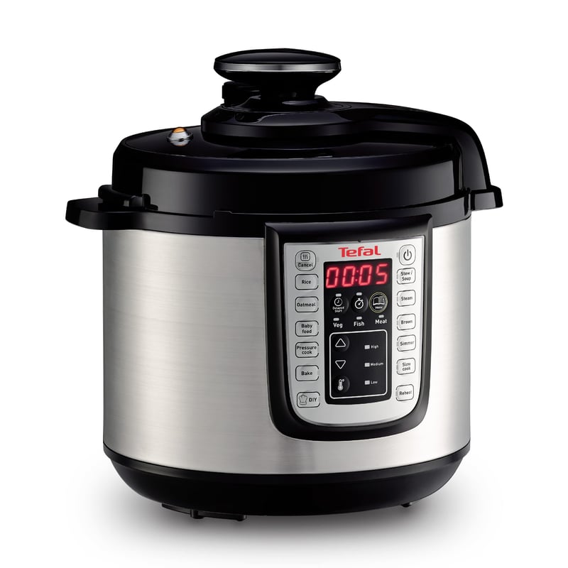 Elektrický tlakový hrniec Tefal Fast & Delicious CY505EF0, 6 l, 25 automatických programov, nastaviteľná teplota, receptár, čierna/nerezová oceľ