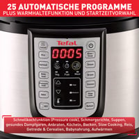Elektrický tlakový hrniec Tefal Fast & Delicious CY505EF0, 6 l, 25 automatických programov, nastaviteľná teplota, receptár, čierna/nerezová oceľ 6
