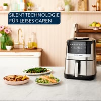 Friteuză cu aer cald Tefal Jamie Oliver Easy Fry Silence Deluxe EY55JDE0, 5 L, silențioasă, 10 programe, ecran tactil digital, grătar turnat + capac, negru/oțel inoxidabil 3