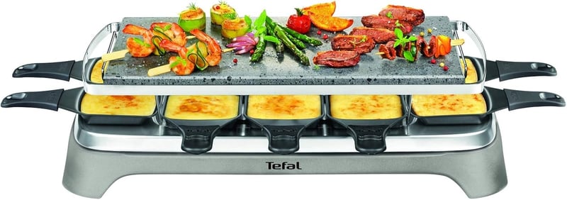 Raclette gril Tefal PR457B Pierrade s kamennou doskou pre 10 osôb, 10 nepriľnavých panvičiek, sivý, 1350 W, s odnímateľným káblom a škrabkou