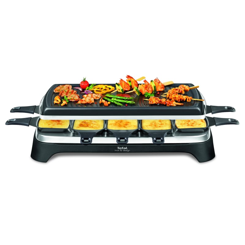 Raclette gril Tefal RE458812 Gourmet 10 pre 10 osôb, stolný gril s nepriľnavým povrchom, funkciou Thermo-Spot, 1350 W, čierna/nehrdzavejúca oceľ