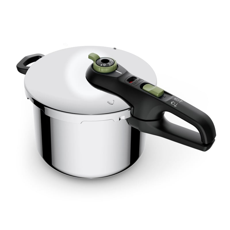 Tlakový hrniec Tefal Secure Trendy 8 l s košom, 2 stupne varenia 117 a 112 °C, indukčné dno, nehrdzavejúca oceľ, čierna/zelená, na všetky typy varných dosiek