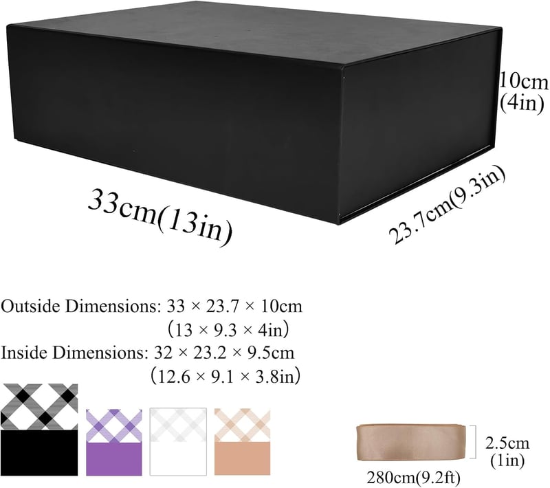 Tekhoho Fekete Ajándékdoboz 33x23,7x10cm Mágneses Fedéllel és Szalaggal