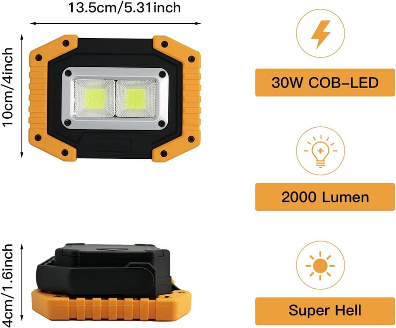 Tekstap LED Munkalámpa Akkumulátoros 2x30W COB Hordozható Kempinglámpa USB Töltés 1500LM 3 Fénymód Építkezés Garázshoz 2db