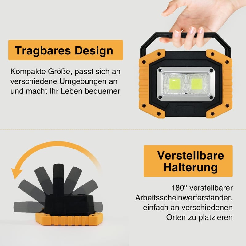 Tekstap LED Munkalámpa Akkumulátoros 2x30W COB Hordozható Kempinglámpa USB Töltés 1500LM 3 Fénymód Építkezés Garázshoz 2db