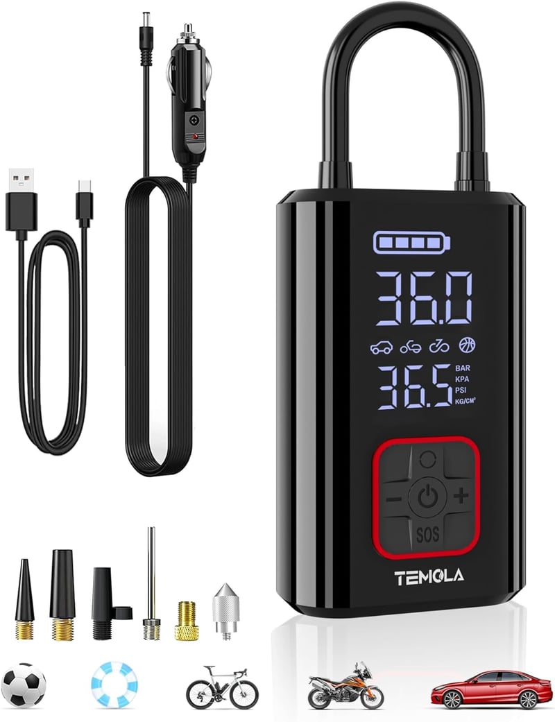 TEMOLA 12V elektromos légpumpa LED-del, hordozható akkumulátoros kompresszor nyomásmérővel