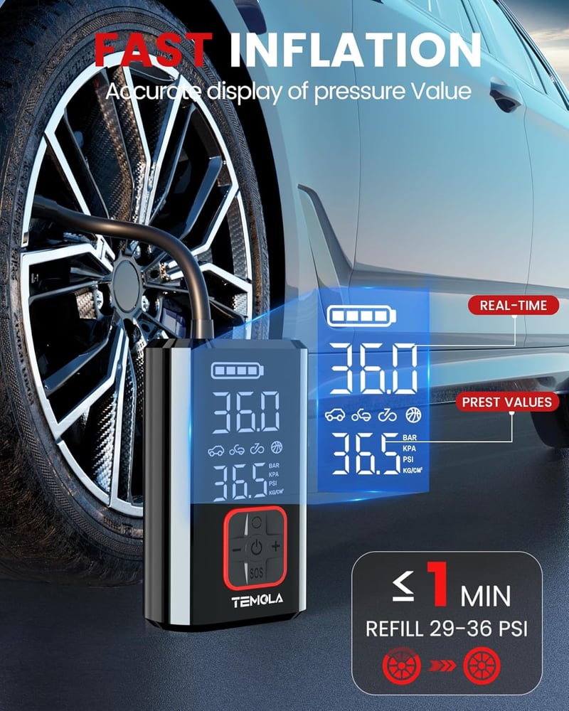 TEMOLA 12V elektromos légpumpa LED-del, hordozható akkumulátoros kompresszor nyomásmérővel