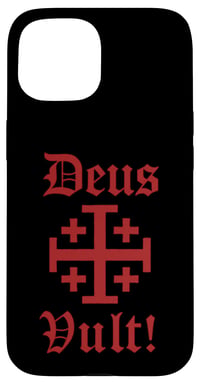Kryt na iPhone 15 s motívom katolíckych templárov Deus Vult a jeruzalemským krížom, ochranný zadný kryt 1