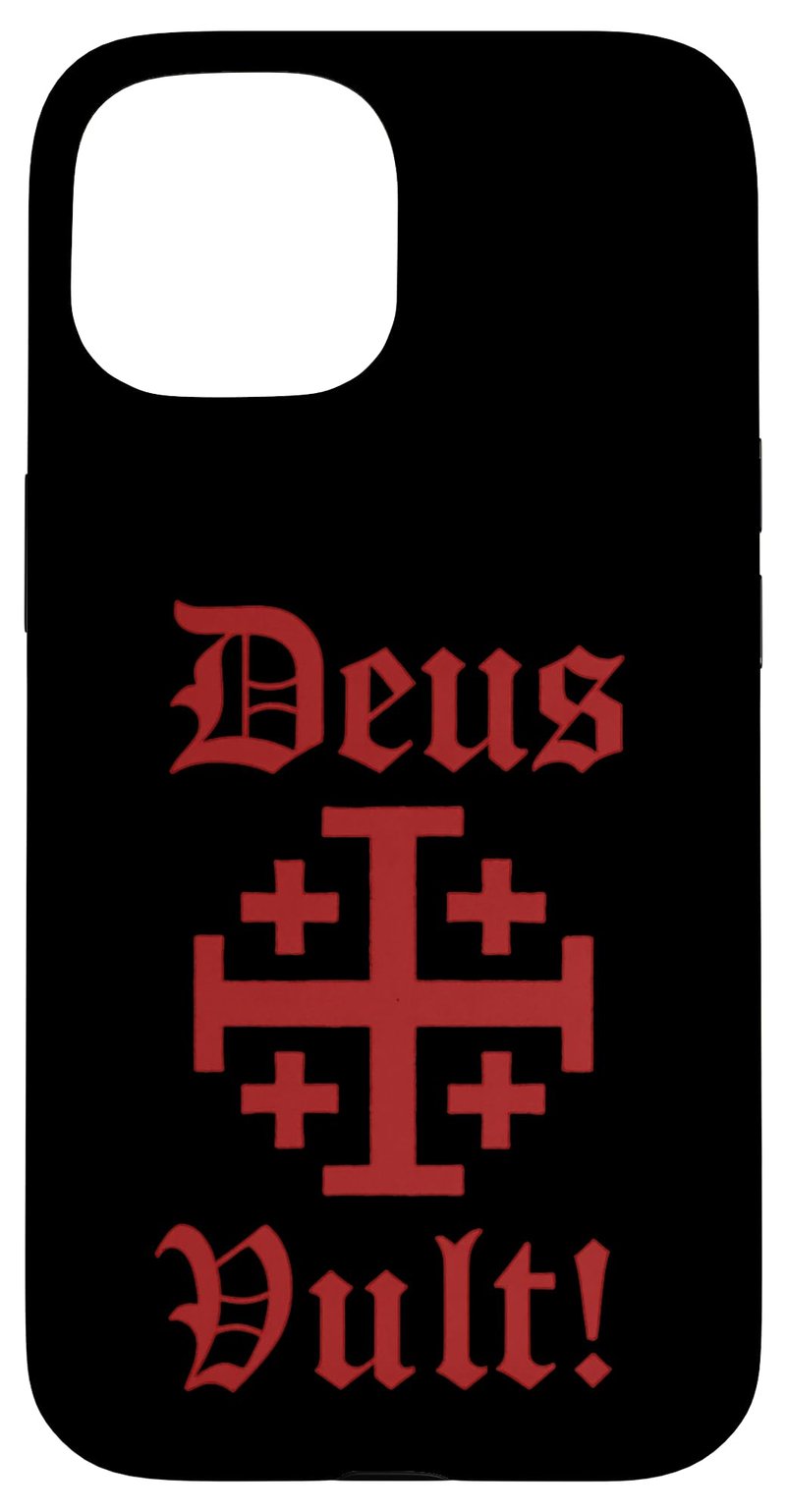 Kryt na iPhone 15 s motívom katolíckych templárov Deus Vult a jeruzalemským krížom, ochranný zadný kryt